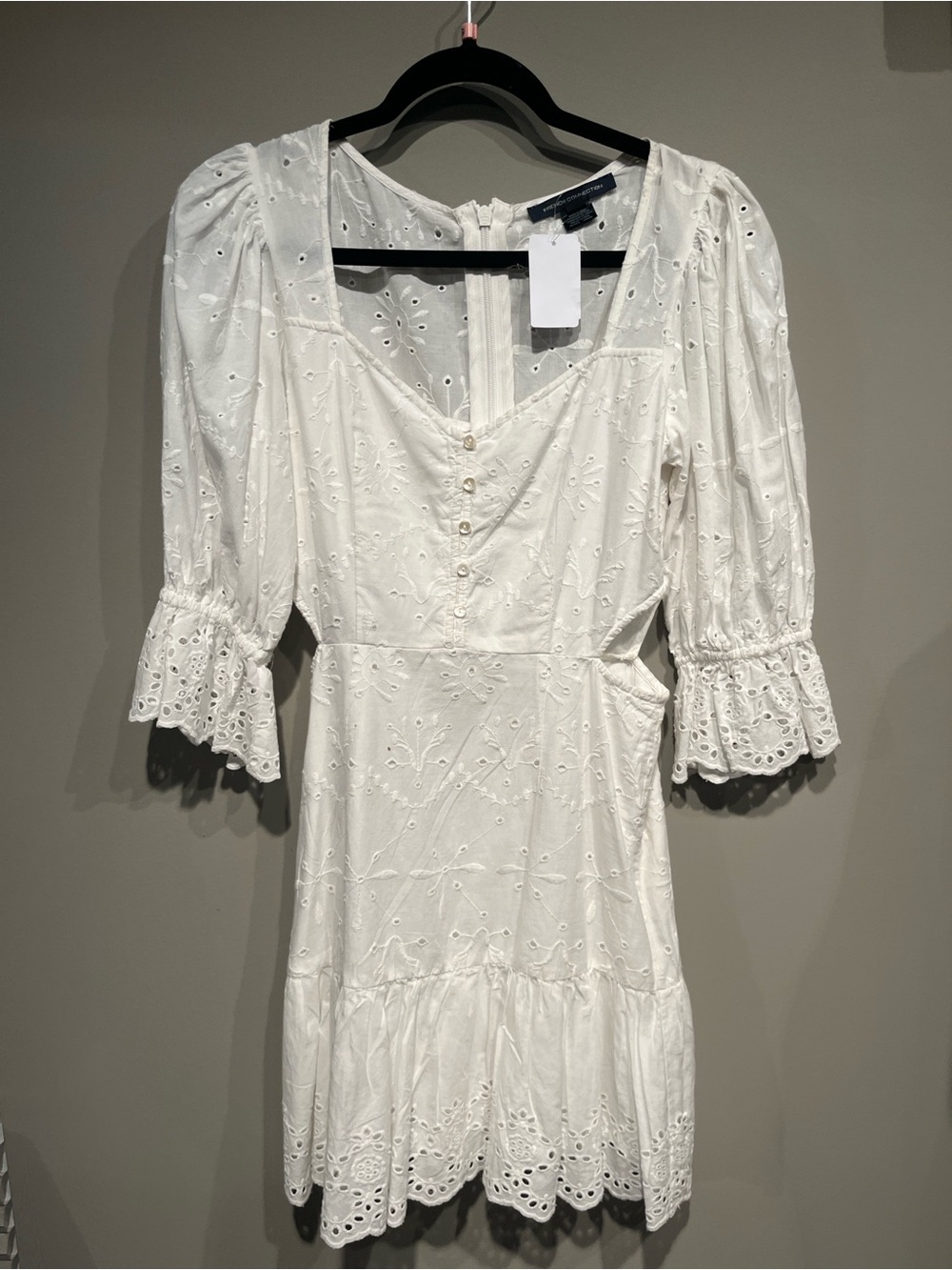 French Connection White Eyelet Lace Mini Dress with Puff Sleeves